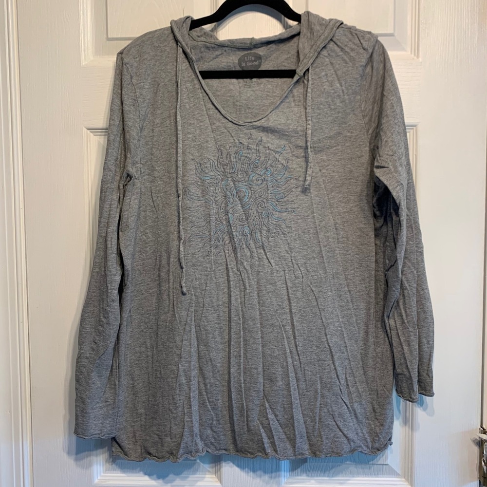 Life is Good Hoodie XL Gray Sun Graphic Long Sleeve Tee Raw Hem Boho Casual
